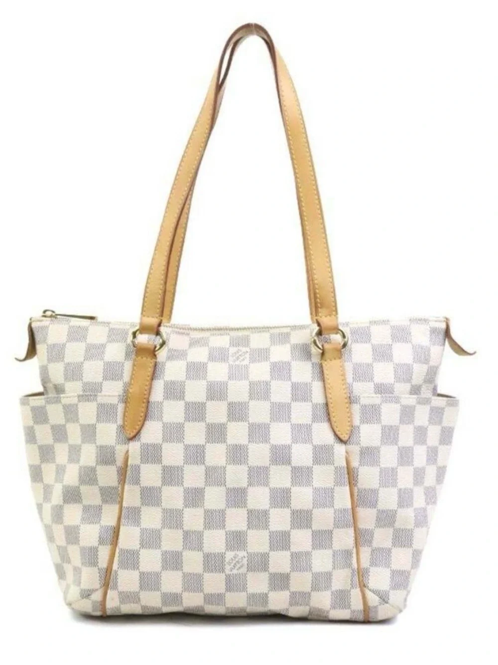 Louis Vuitton White Checkered Damier Azur Tote with Tan Leather Straps
